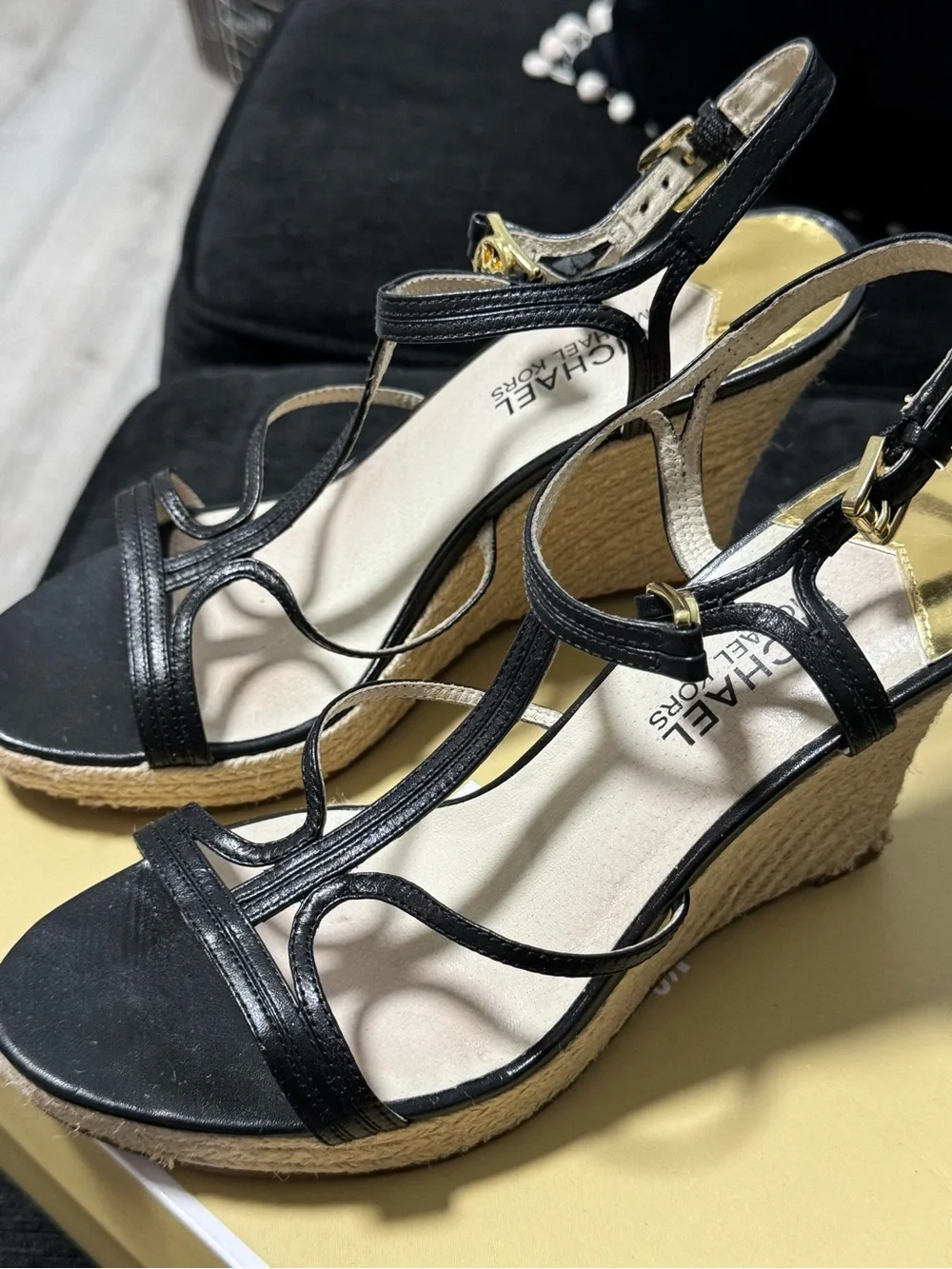 Michael Kors Black Leather Strappy Espadrille Wedges with Gold Accents